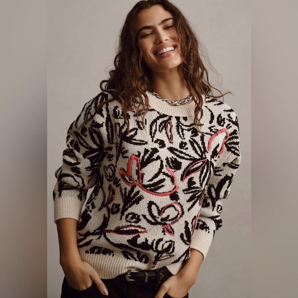 NWT by ANTHROPOLOGIE sz S Floral Pop Embroidered sweater in pink combo